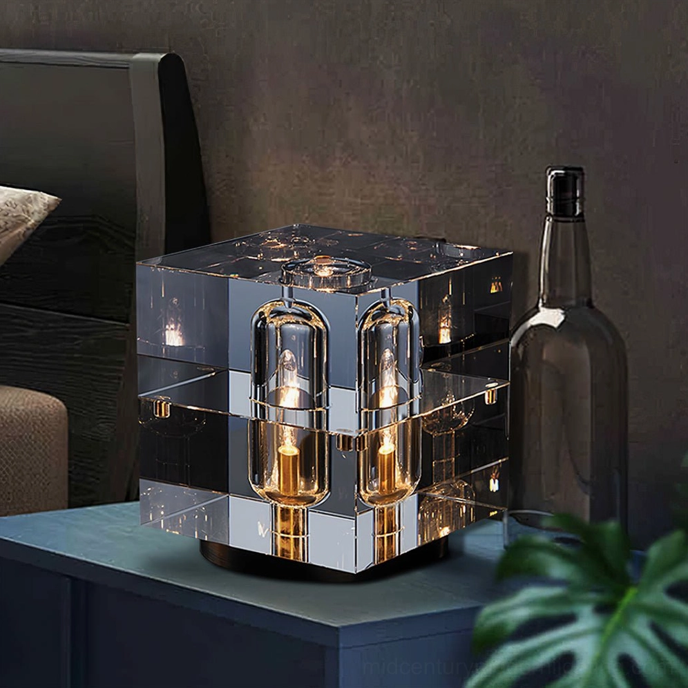 Glacon Cube crystal lamp on bedroom nightstand with glass decanter, modern bedroom accent lighting