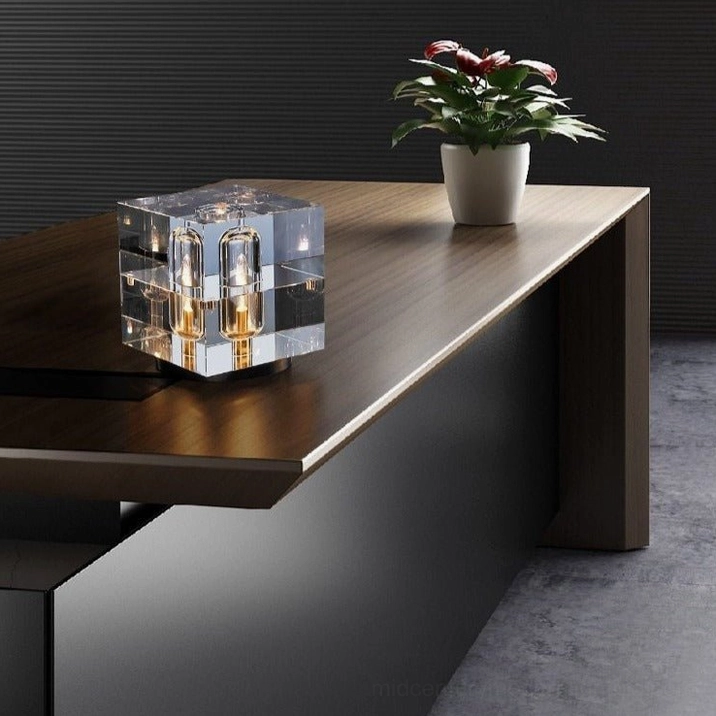 Glacon Cube crystal table lamp on dark wood dining table with potted flower styling