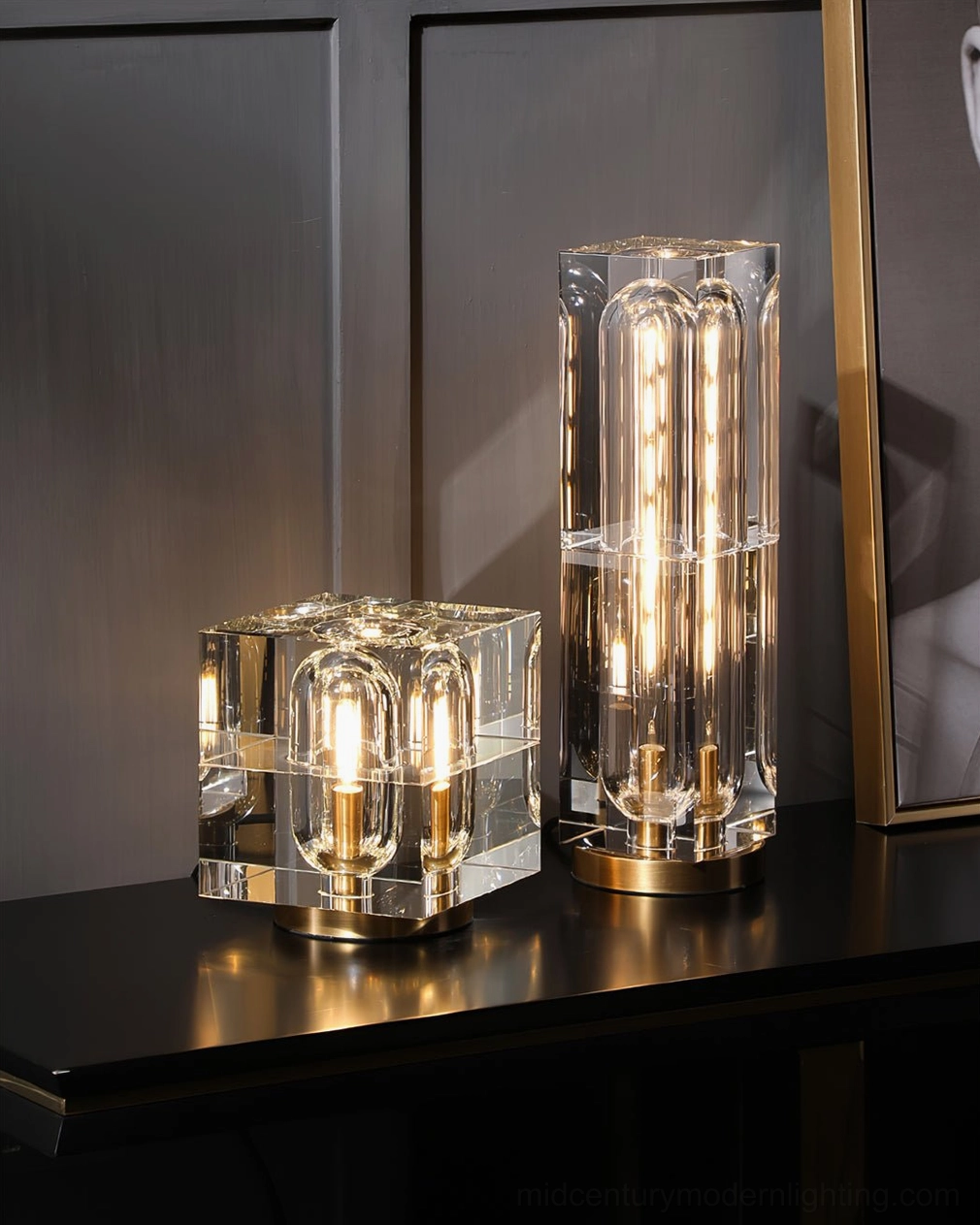 Glacon Cube lamp lit view capturing crystal light magnification effect