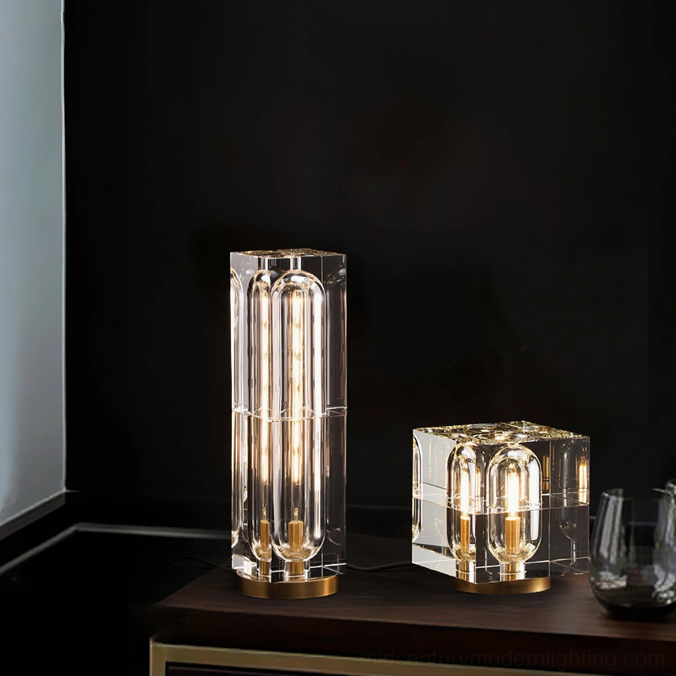 Glacon crystal lamp showing brass base polishing and material contrast
