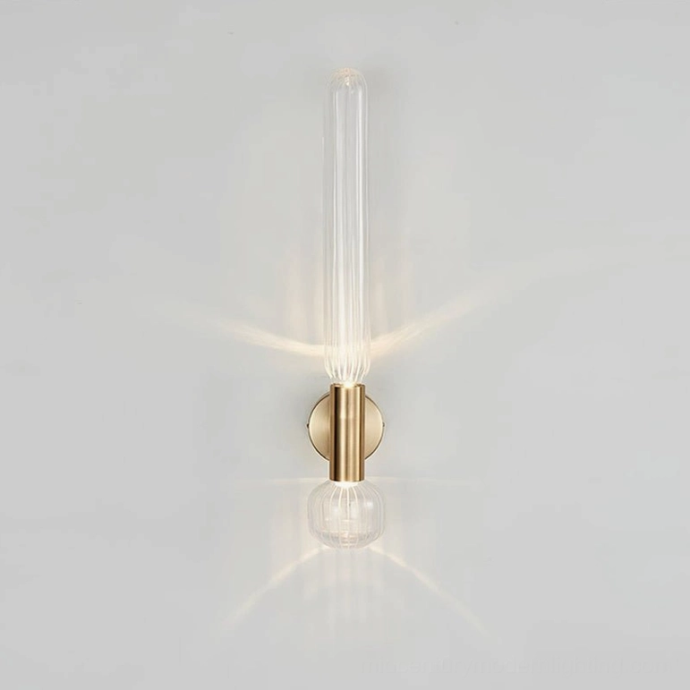 Glaive extended wall sconce 22 inches height, brushed gold finish, ribbed glass modern design