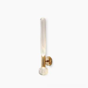 Glaive gold wall sconce with ribbed glass shade, modern minimalist design, front view on white background
