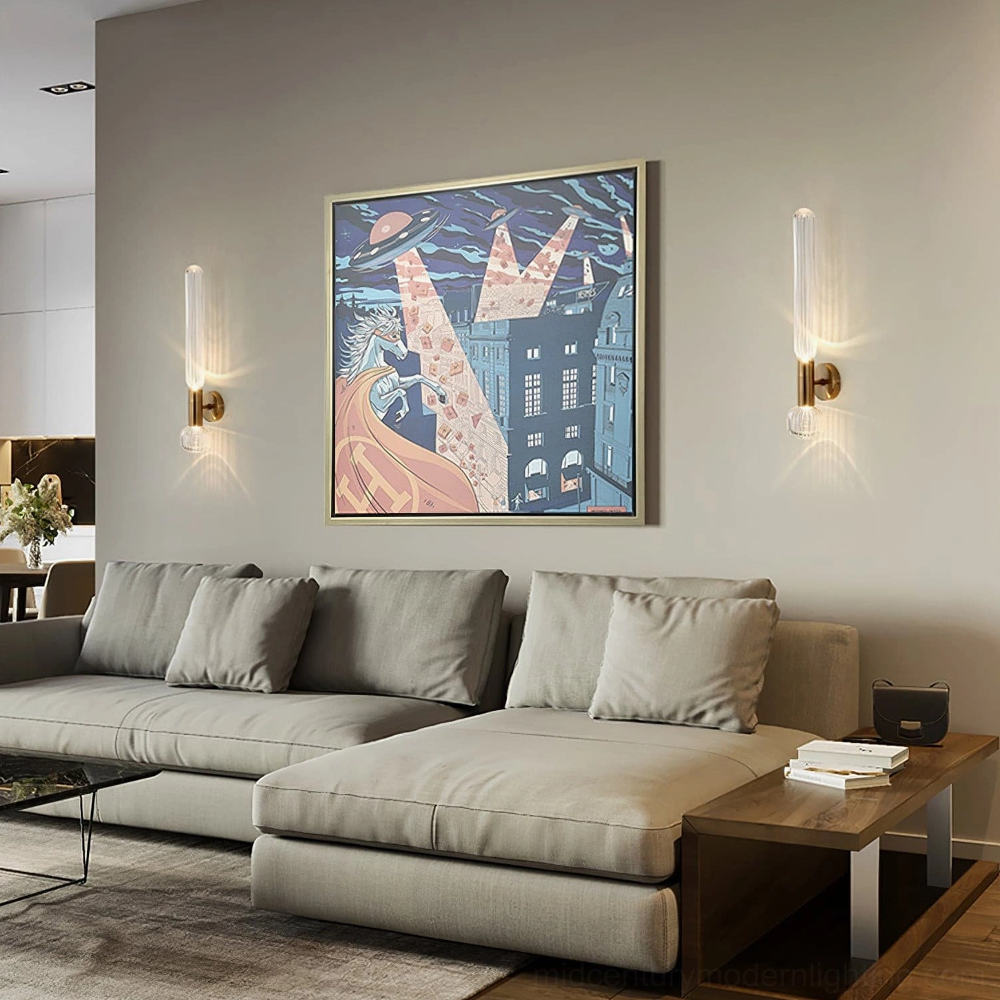 Dual Glaive gold wall sconces in contemporary luxury living space, ambient accent lighting