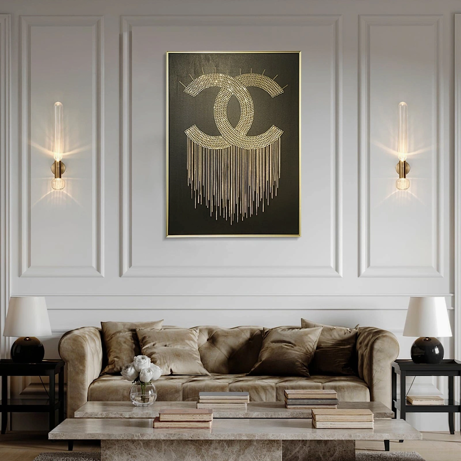 Glaive wall sconce architectural detail, brass mounting plate and vertical lamp body structure