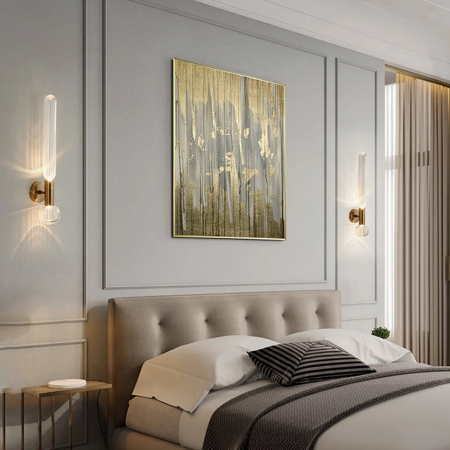 Glaive wall sconces in luxury master bedroom, neoclassical interior design, ambient lighting above headboard