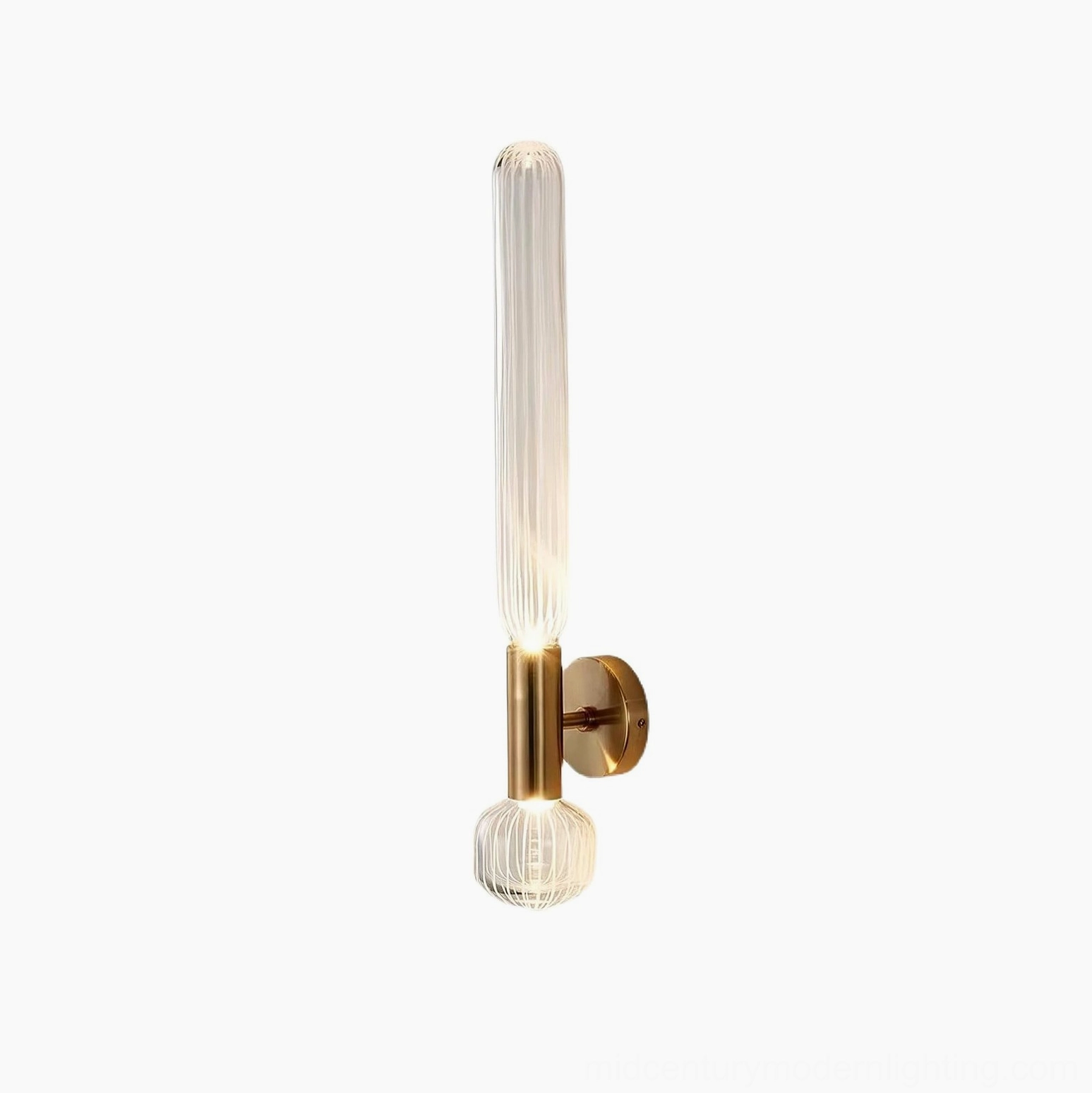 Glaive illuminated wall sconce creating shadow patterns, light diffusion through ribbed glass