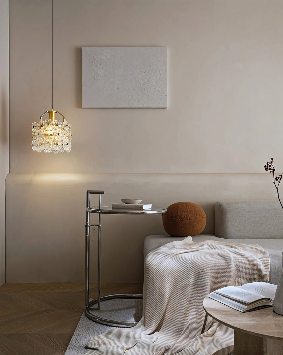 Petit Floral pendant fixture creating focal point in minimalist living room above modern sofa