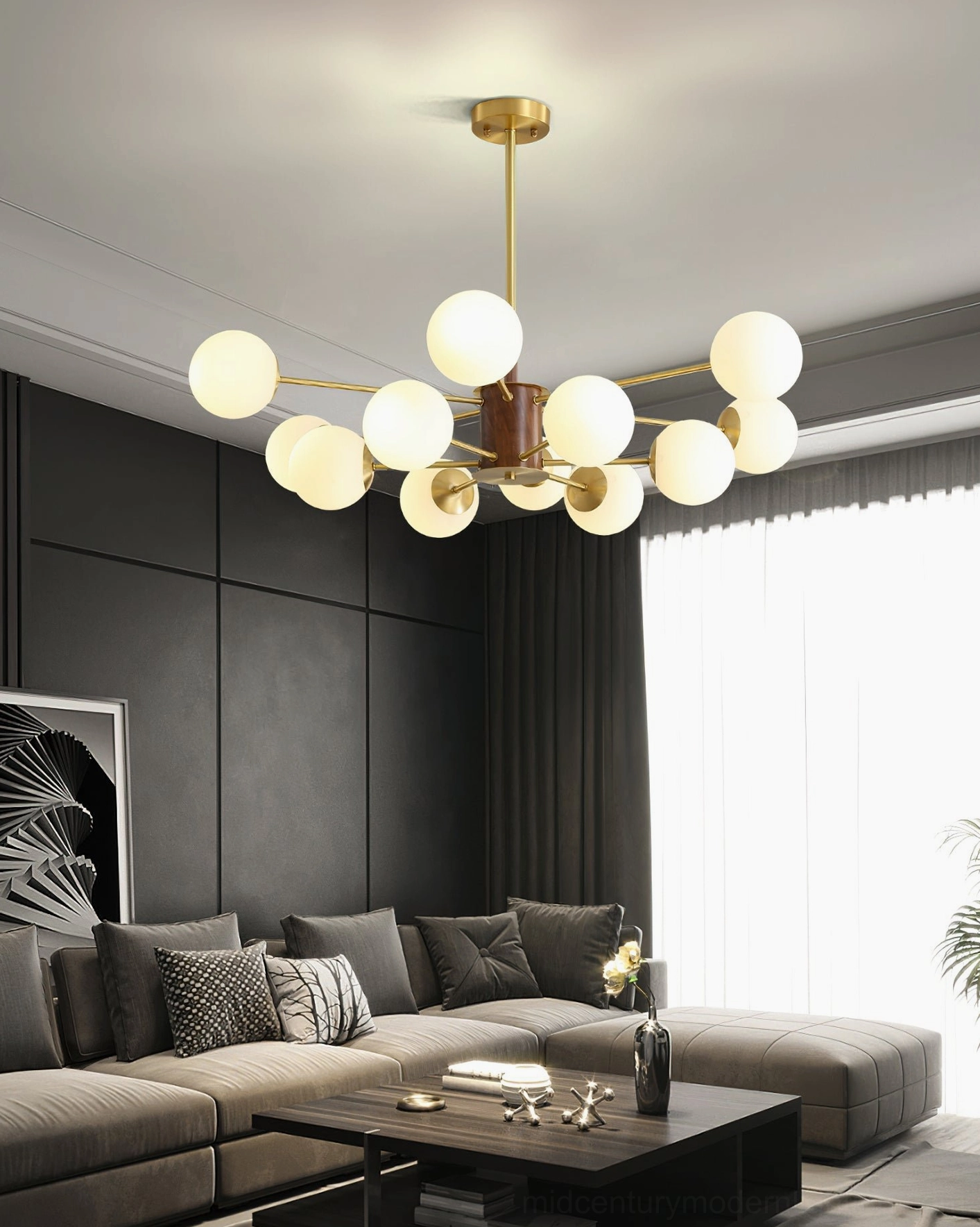 Gino sputnik chandelier in modern living room with grey sofa and dark wall backdrop
