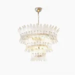 Glass Palm Chandelier overhead studio view showing layered clear glass fronds and polished nickel frame structure