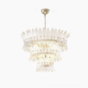 Glass Palm Chandelier overhead studio view showing layered clear glass fronds and polished nickel frame structure