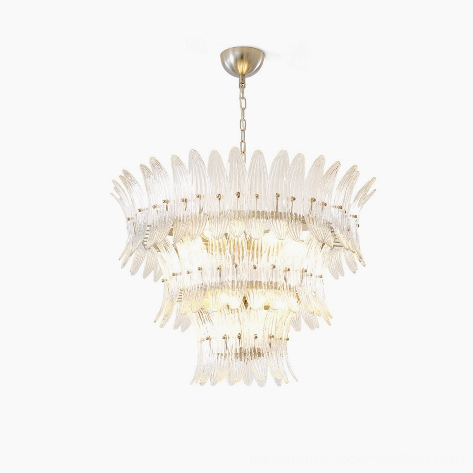 Glass Palm Chandelier overhead studio view showing layered clear glass fronds and polished nickel frame structure
