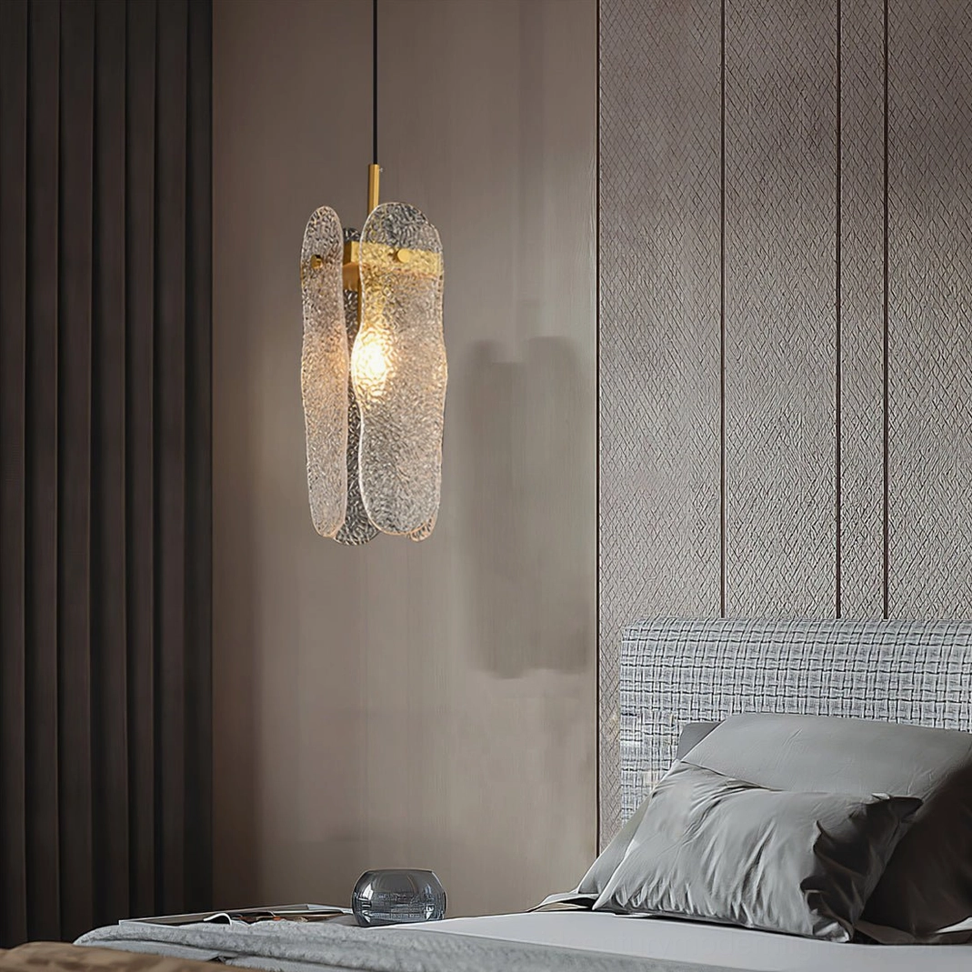 Glass pendant lamp neutral grey bedroom feature wall modern interior design
