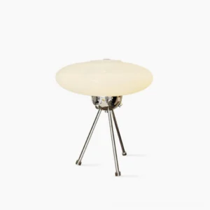 Glass UFO table lamp with frosted white dome and polished chrome tripod base, studio frontal view