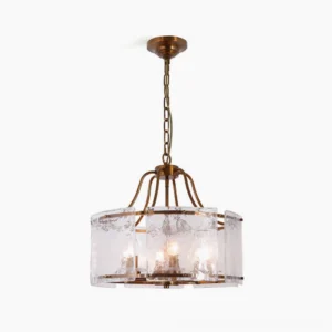 Glenn Round Chandelier front overhead view - antique brass drum pendant with water-textured clear glass panels