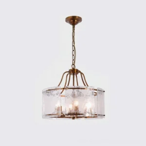 Glenn Round Chandelier direct front view - mid-century modern brass cylindrical rippled glass light fixture