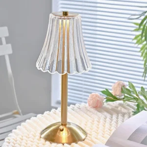 Glitters LED table lamp displayed on cozy home interior table with knitted tablecloth and fresh roses