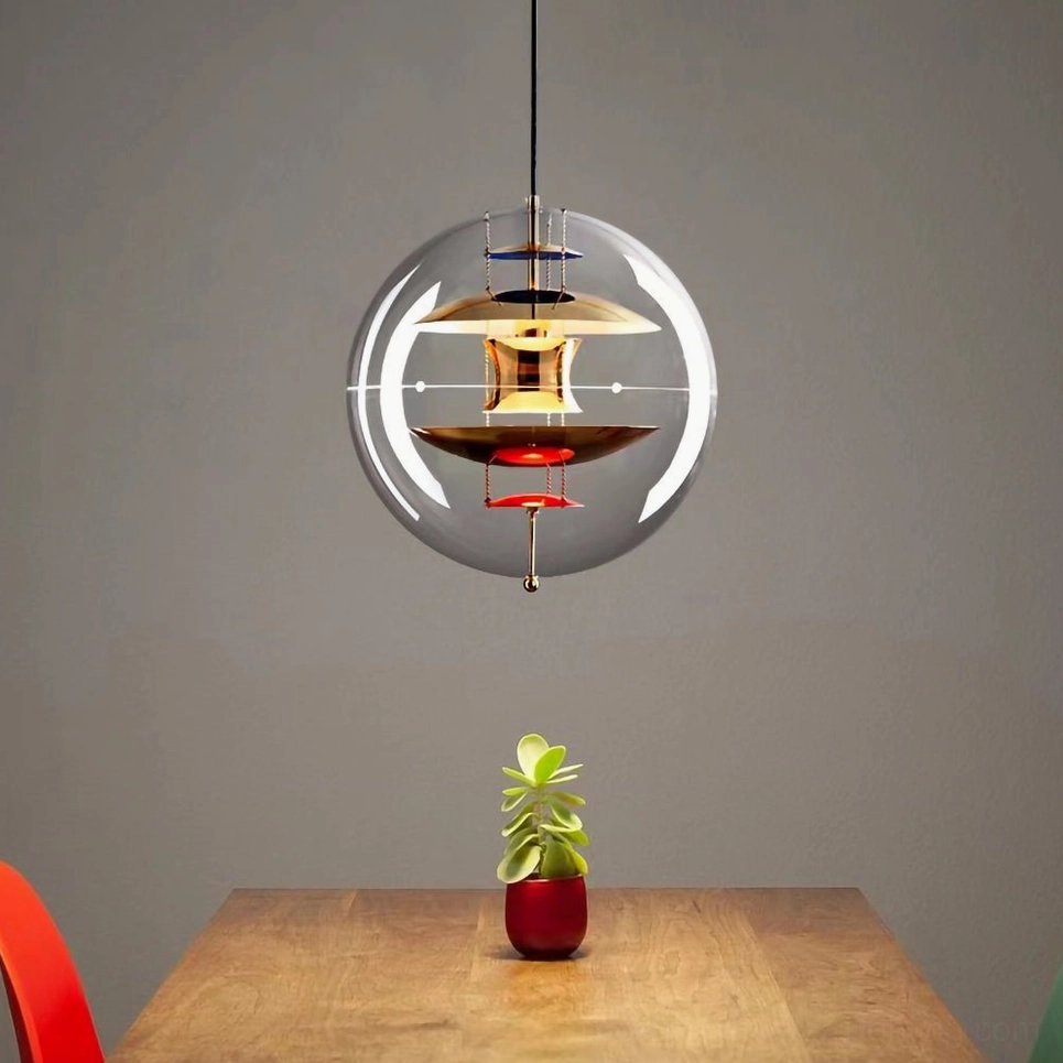 Globe ceiling fixture detail showing E14 bulb compatibility and light distribution