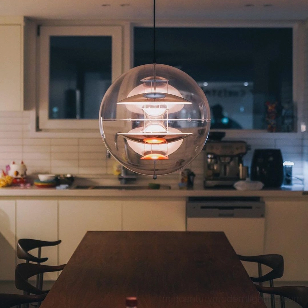 Globe suspension lamp detail showing aluminum reflector design and acrylic sphere construction