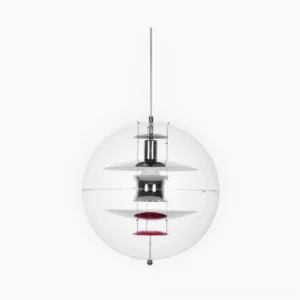 Globe pendant light with transparent acrylic sphere and layered aluminum reflectors, front overhead view