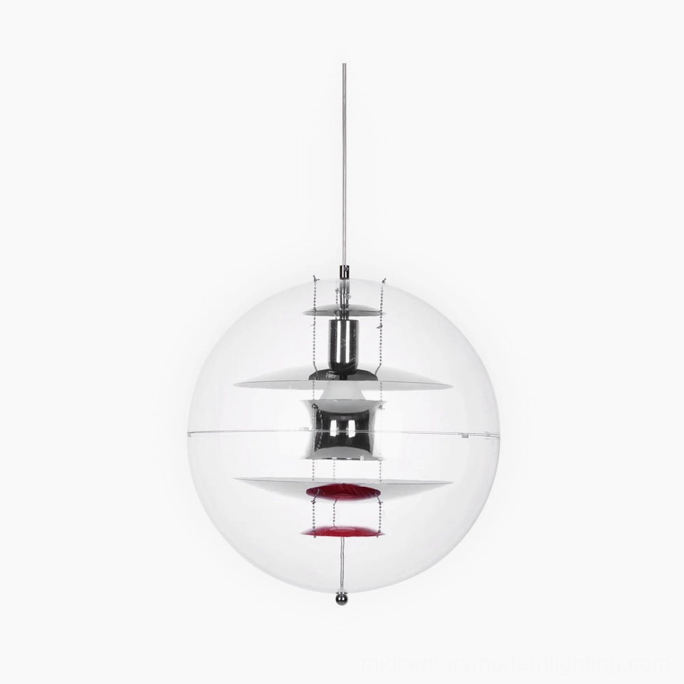 Globe pendant light with transparent acrylic sphere and layered aluminum reflectors, front overhead view