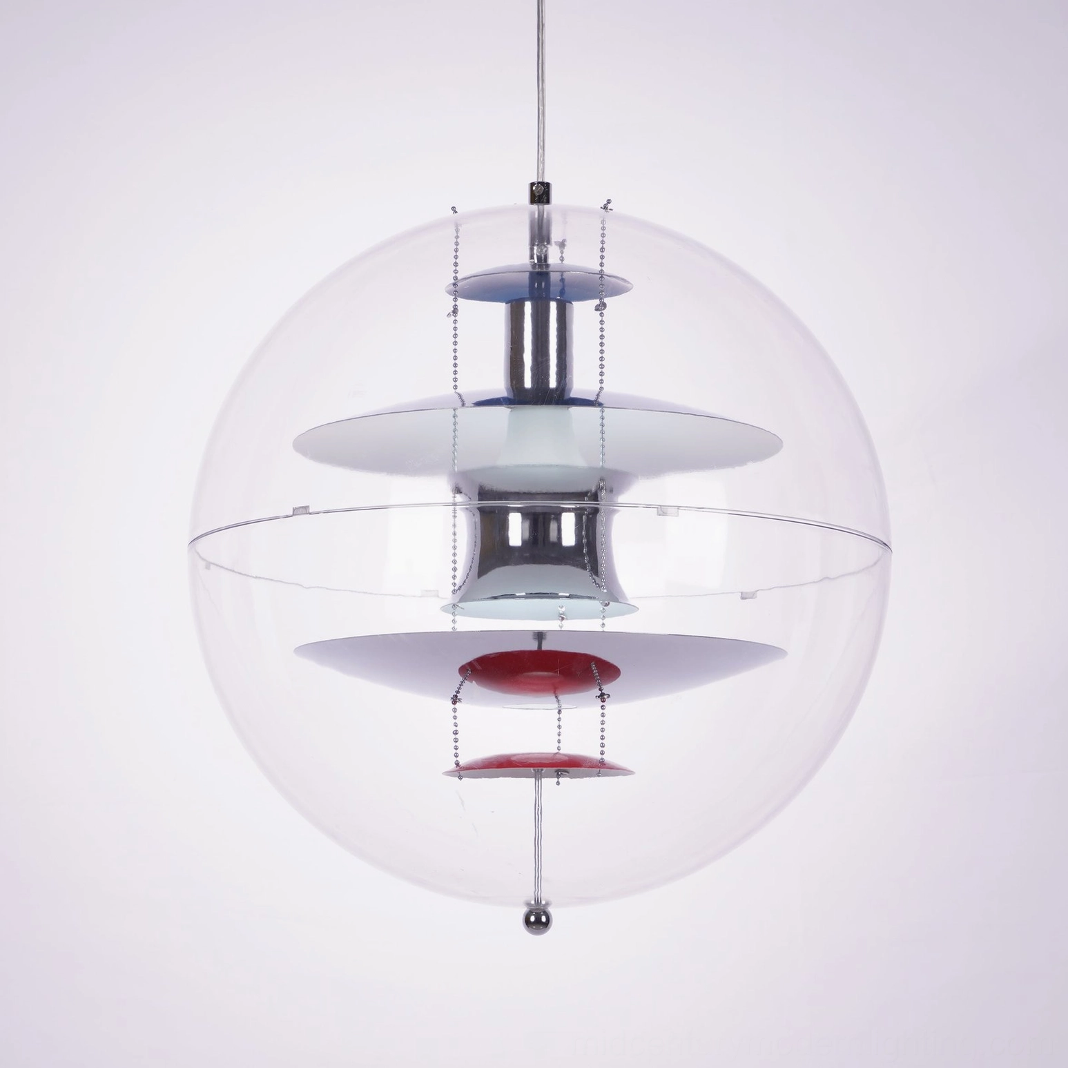 Globe pendant light with wide layered acrylic cover and multi-tier interior shades, front view