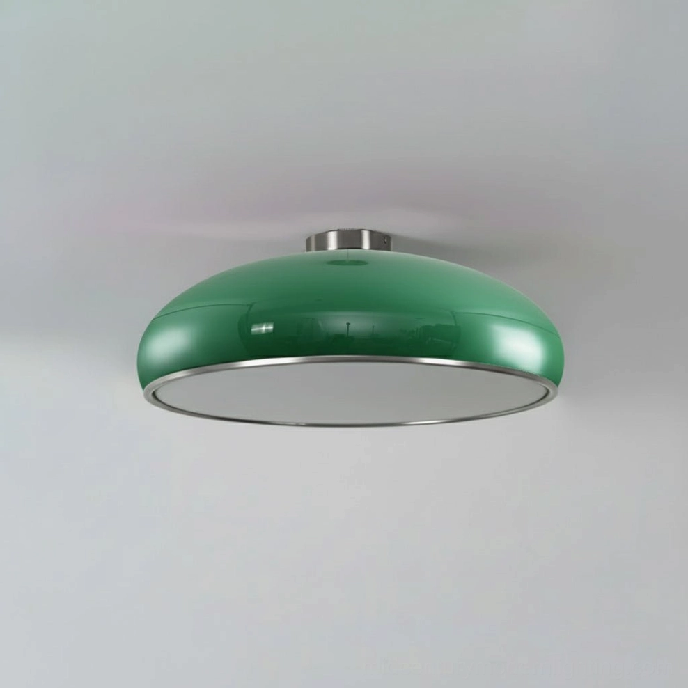 Glossy emerald green semi-flush ceiling light with high-gloss lacquer finish and chrome trim, minimalist disc-shaped design
