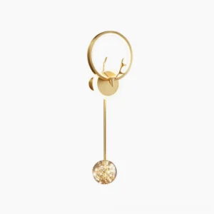 Gold antler wall sconce with ring frame design and glass pendant, modern nordic style lighting on white studio background