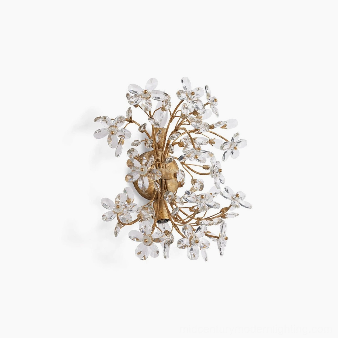 Gold crystal flower wall sconce overhead studio shot, warm metal finish with arranged faceted crystal flower clusters