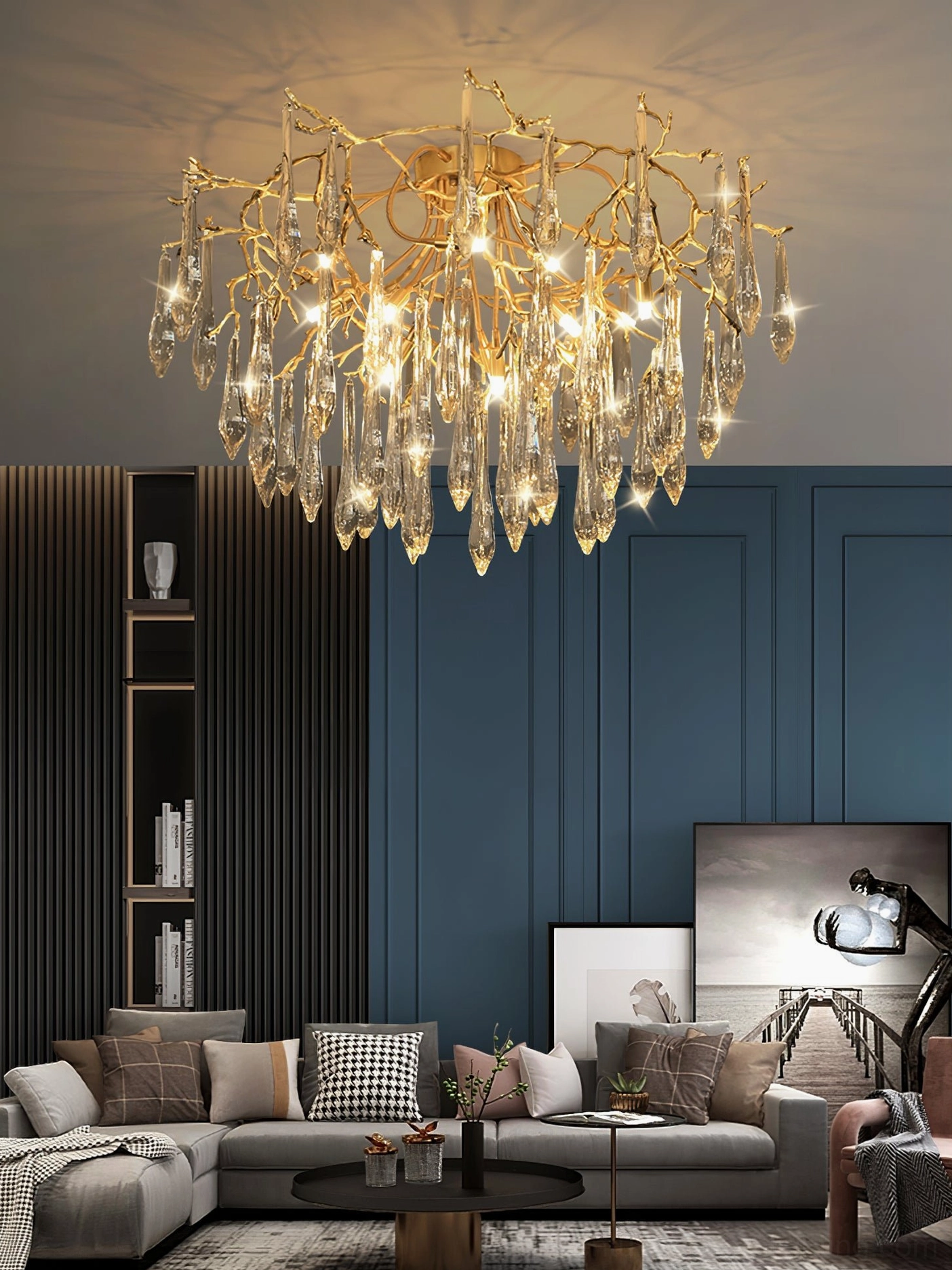 Gold branch ceiling lamp with hanging crystal teardrop pendants in spacious modern living room
