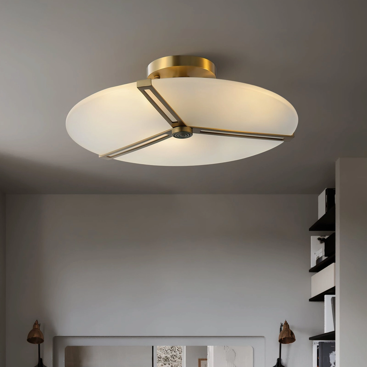 Modern ceiling lamp with gold brass frame emitting uniform diffused light