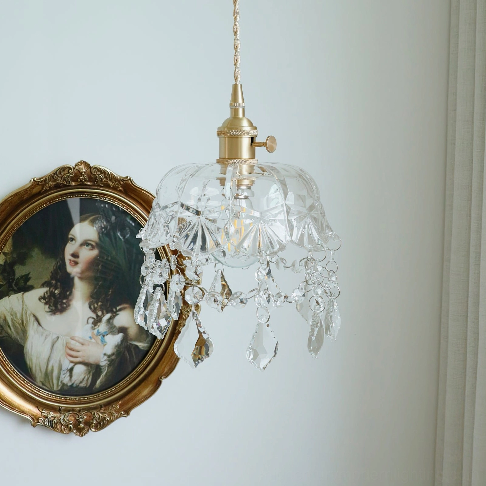Gold brass vintage crystal pendant light, elegant profile view, timeless design