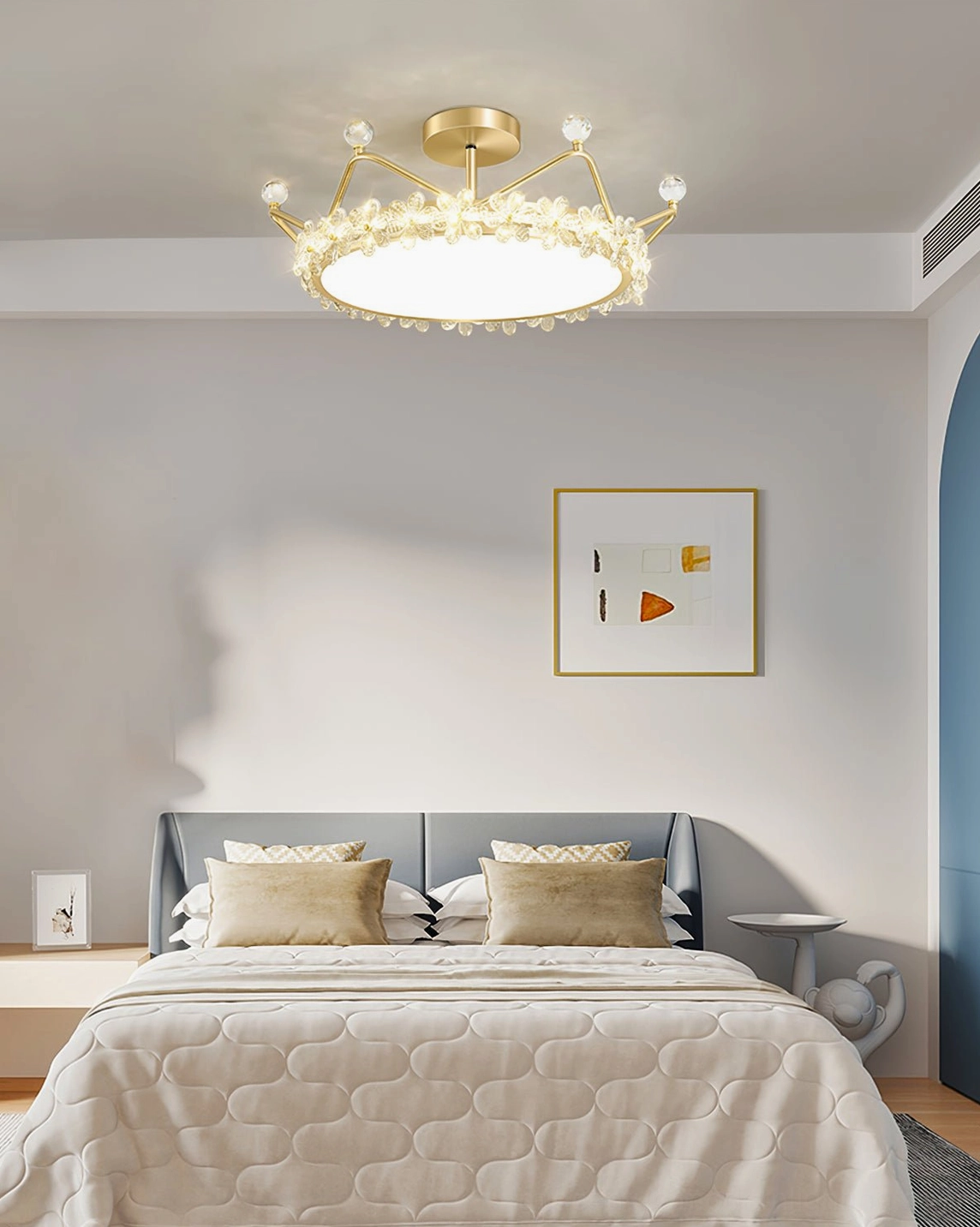 Gold crystal ceiling light in master bedroom with soft warm illumination, overhead mounted fixture in elegant home interior
