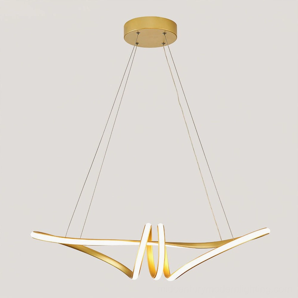 Gold brushed metal twisted LED chandelier with ceiling mount detail, overhead studio view showing metallic texture and modern mounting hardware
