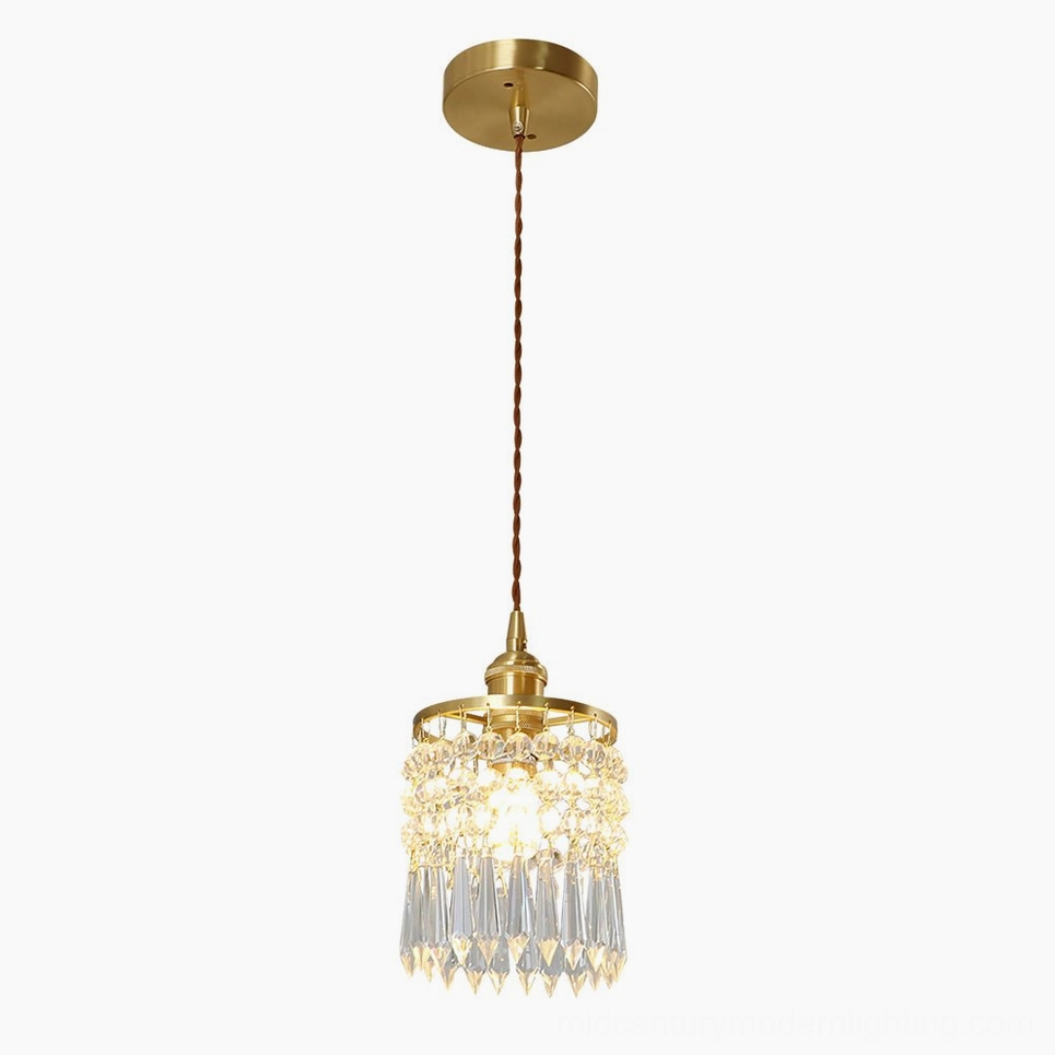Gold plus clear crystal pendant lamp, Ø 12cm × H 18cm dimensions detail