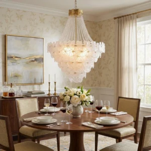 Modern luxury crystal chandelier installed in elegant French dining room with marble table and brass accents