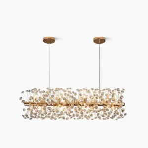 Crystal Firework Chandelier with radiant starburst design, gold metal frame with faceted clear crystal pendants, overhead view