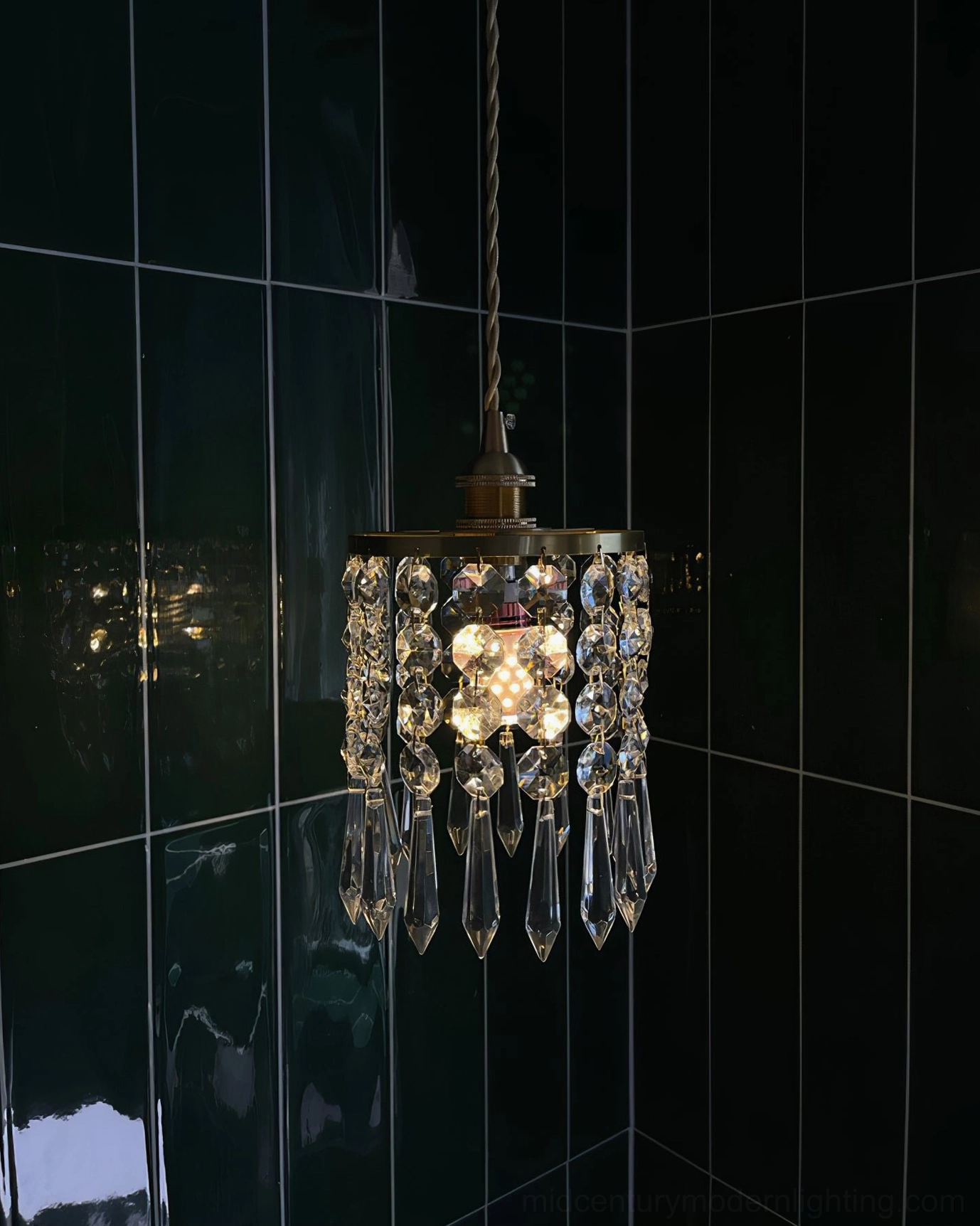 Gold crystal pendant lamp with warm LED or Edison bulb compatibility