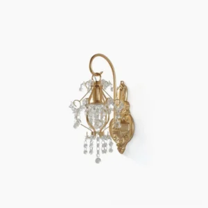 Gold crystal wall sconce front view studio shot featuring ornate metal arms and hanging crystal pendants in warm gold finish