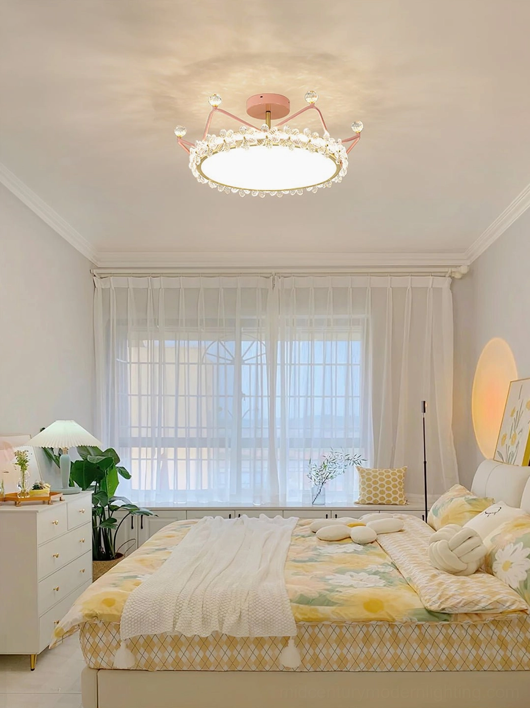 Gold flush-mount petal crown ceiling light, interior residential installation showing elegant lighting solution for contemporary homes