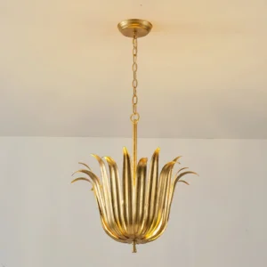 Brushed gold leaf pendant chandelier three-quarter view in modern interior setting