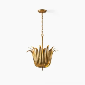 Leaf pendant light with gold finish in overhead studio view showing sculptural metal petals