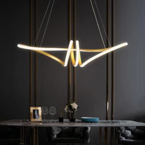 Contemporary luxury dining room with gold minimalist LED chandelier casting warm light over elegant table setting, interior design showcase
