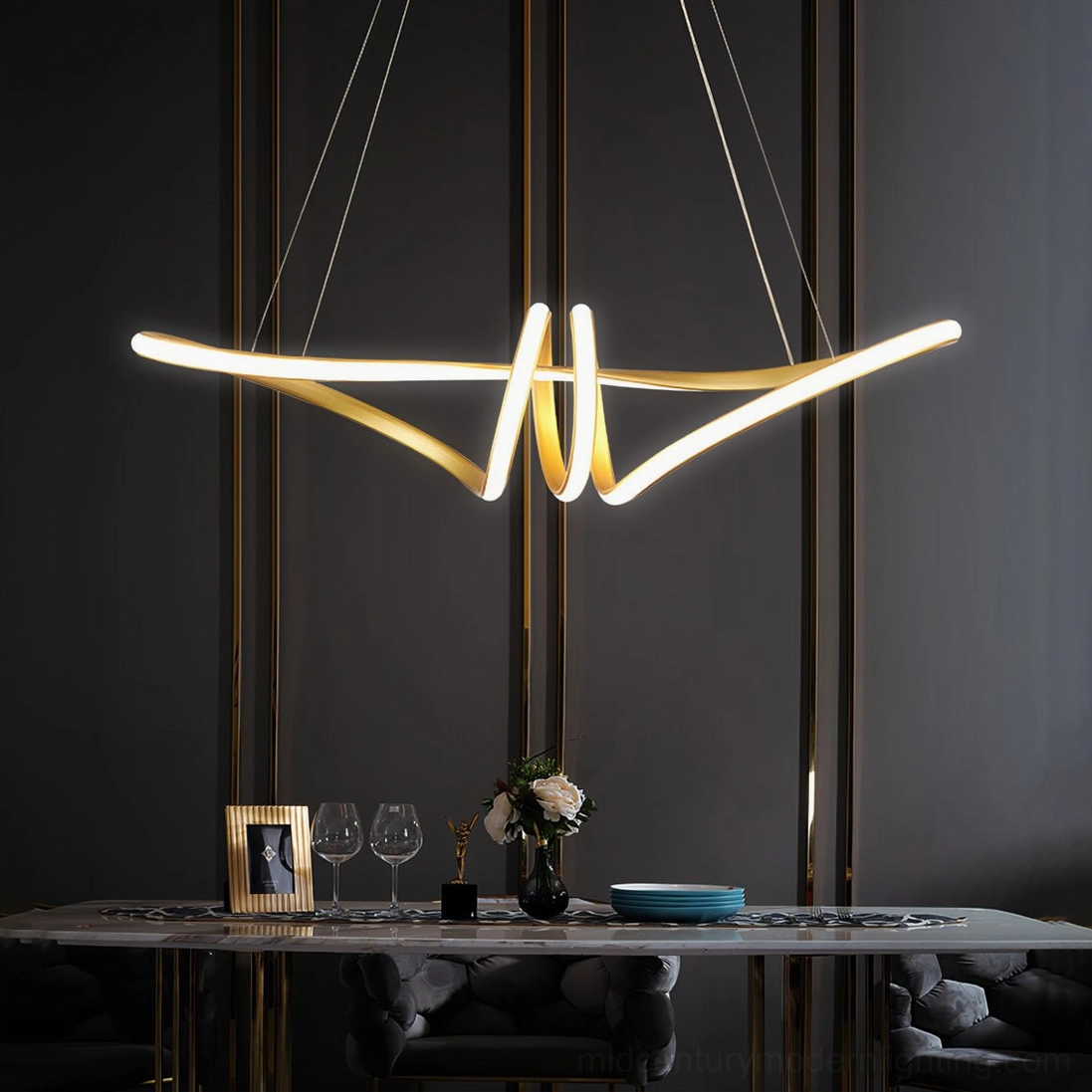 Contemporary luxury dining room with gold minimalist LED chandelier casting warm light over elegant table setting, interior design showcase