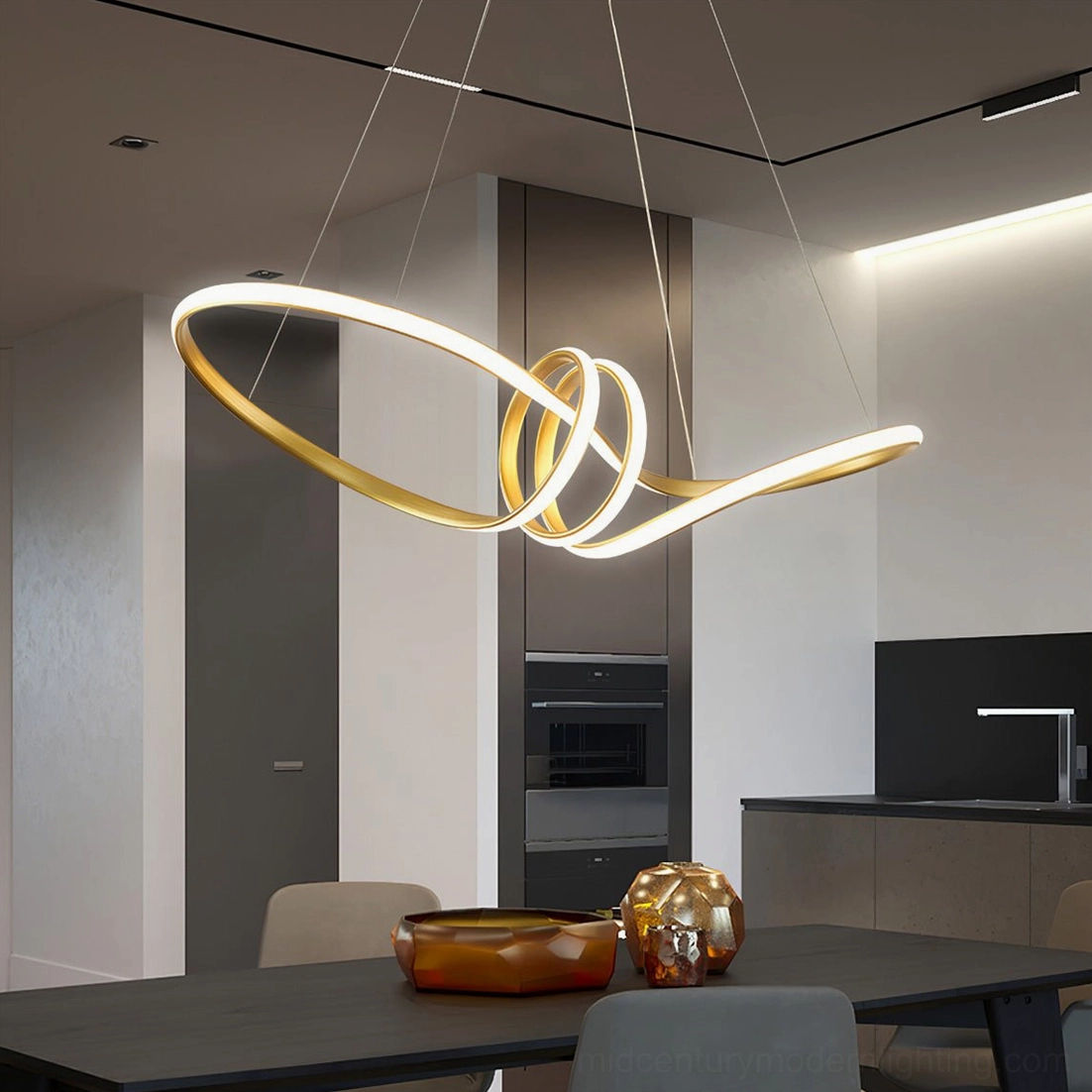 Contemporary open kitchen-dining space with gold twisted LED pendant chandelier, modern luxury minimalist lighting design