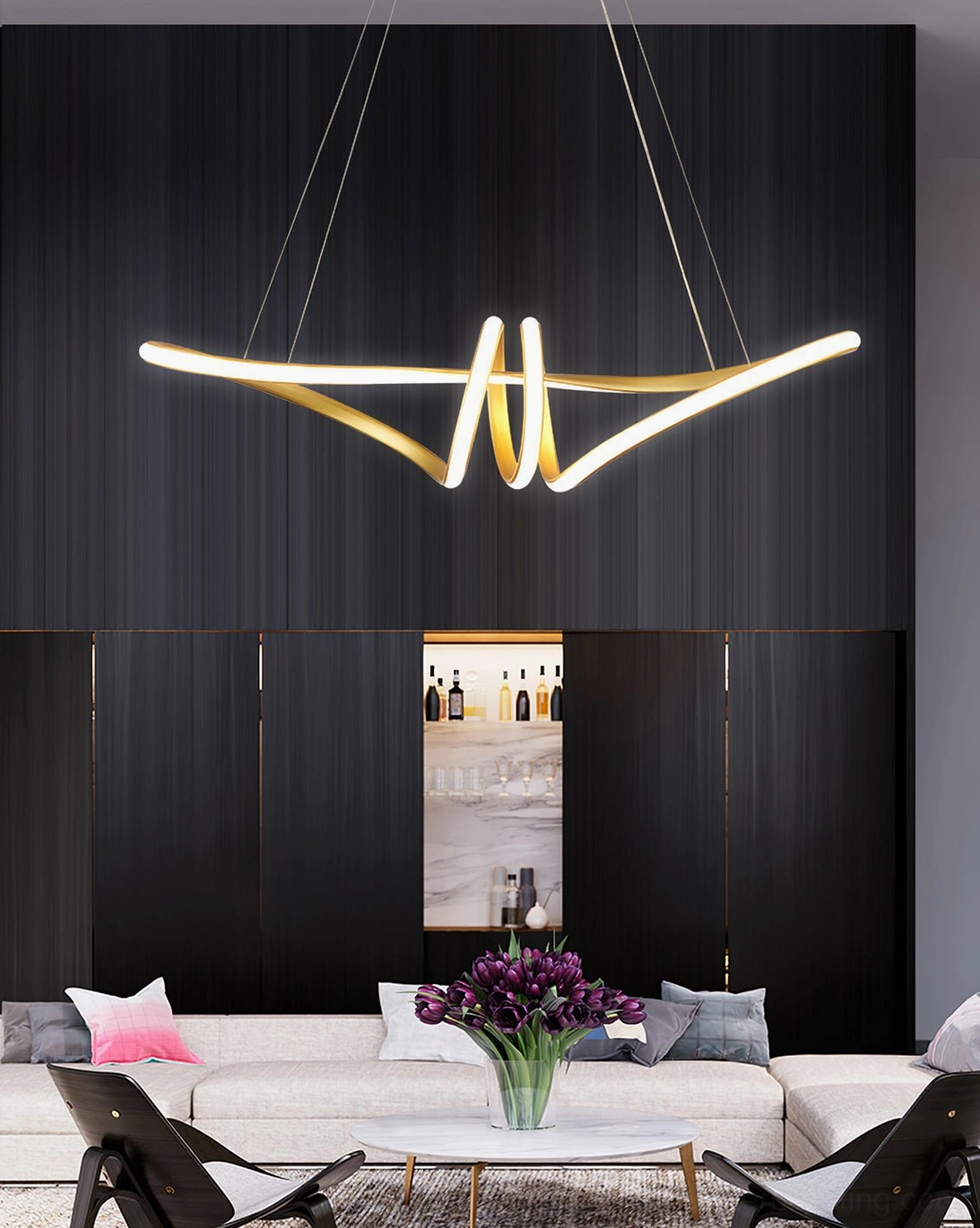Gold linear twisted LED chandelier studio product photography, minimalist hanging lamp showcasing modern design aesthetic