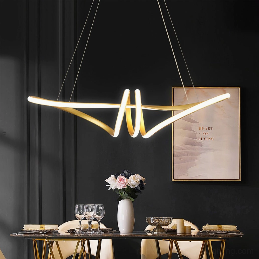 Dark luxury dining room with gold brushed metal twisted LED chandelier, warm ambient lighting casting elegant shadows on wall decor