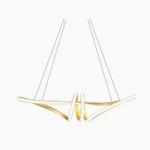 Modern gold twisted LED pendant chandelier with brushed finish, studio front view against white background showing sculptural linear design