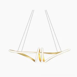 Modern gold twisted LED pendant chandelier with brushed finish, studio front view against white background showing sculptural linear design