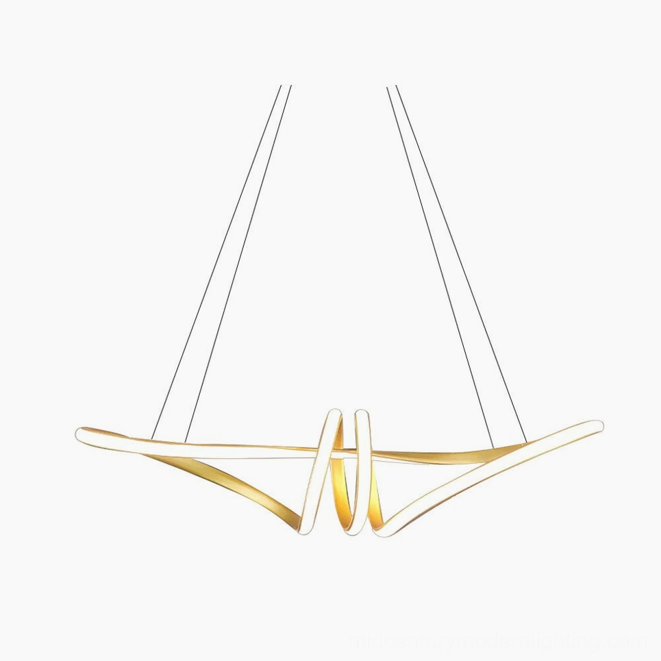 Modern gold twisted LED pendant chandelier with brushed finish, studio front view against white background showing sculptural linear design