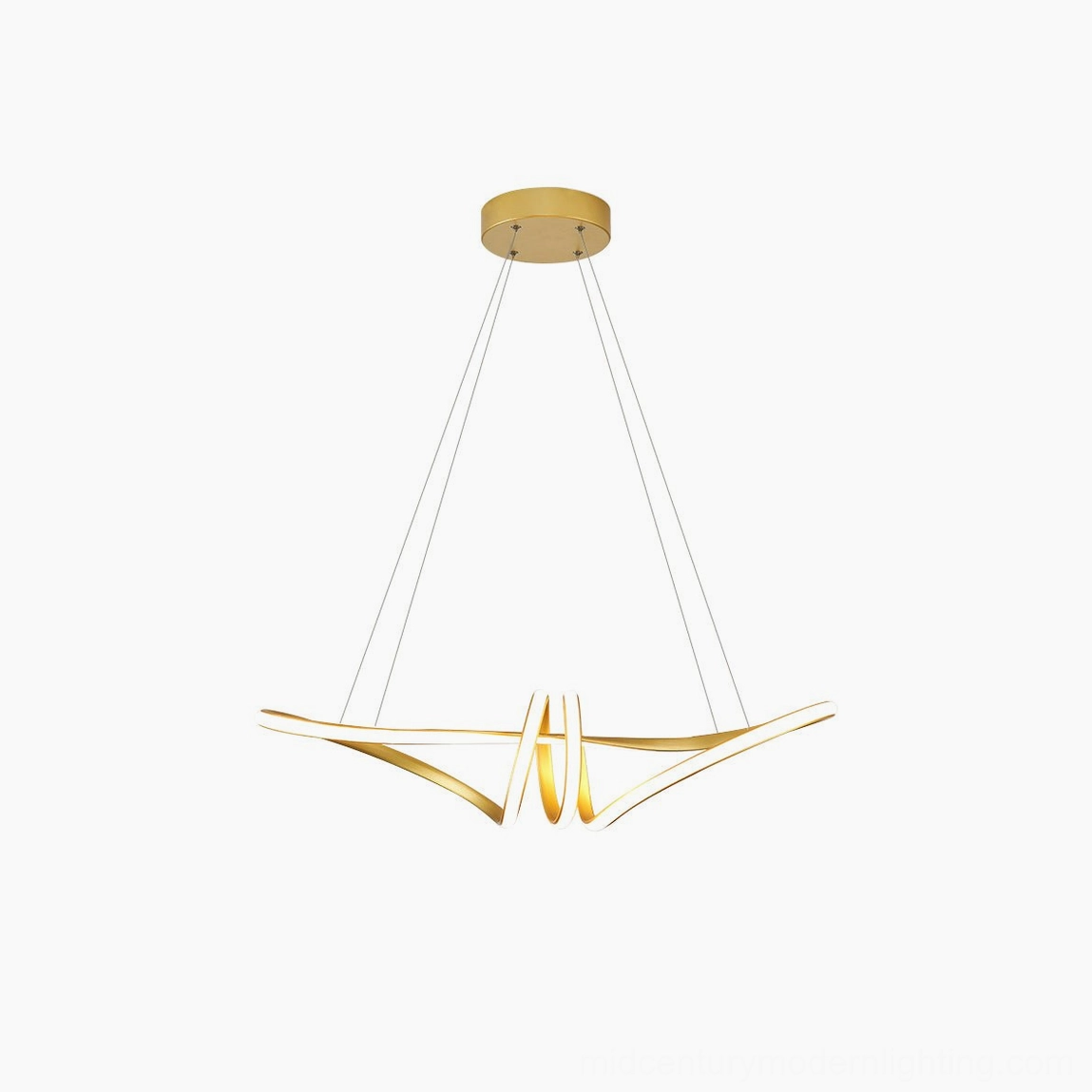 Gold twisted LED pendant chandelier hero product shot, modern minimalist lighting fixture on white background showcasing design